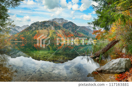 Captivating autumn scene of Vorderer Langbathsee lake. Captivating autumn scene of Vorderer Langbathsee lake. 117163881