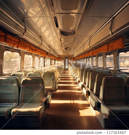 Spacious and modern empty train interior with rows of comfortable seats and large panoramic windows 117163887