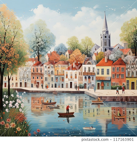 Vibrant Cityscape with Canal, Colorful Buildings, People, and Majestic Cathedral in Realistic Style 117163901