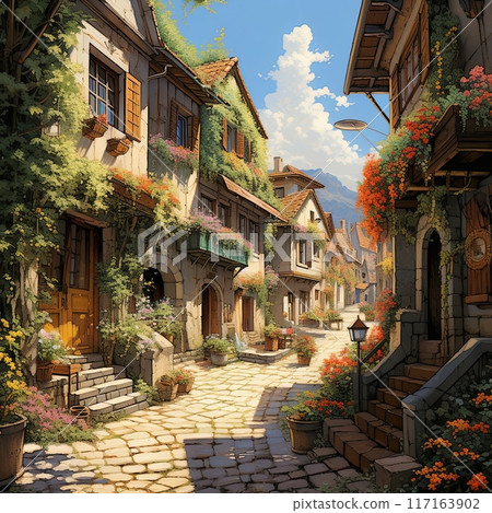 European Alley with Colorful Houses, Flowers, and Cobblestone Roads 117163902