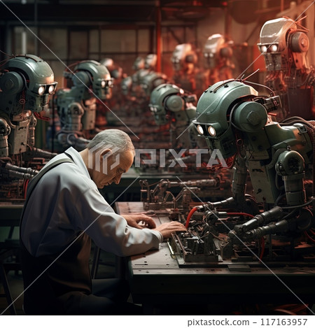 Male worker in uniform operates control panel surrounded by retrofuturistic robots in factory Male worker in uniform operates control panel surrounded by retrofuturistic robots in factory 117163957
