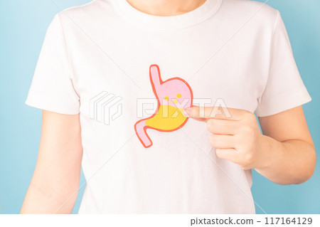 Gastroesophageal reflux disease (GERD) or acid reflux symptoms. Woman suffering from heartburn, stomachache, nausea and bloating. Gastrointestinal system disease and digestive problems. Gastroesophageal reflux disease (GERD) or acid reflux symptoms. Woman suffering from heartburn, stomachache, nausea and bloating. Gastrointestinal system disease and digestive problems. 117164129