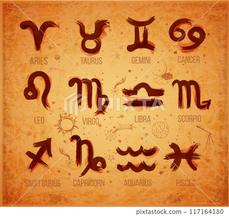 Zodiak icon signs set hand drawn with ink on vintage background. Astrology symbols, horoscope. Vector illustration. 117164180