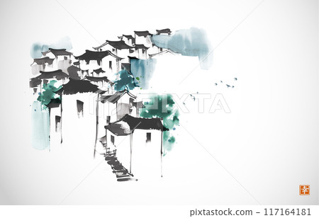 Asian ink wash painting of a village with traditional houses. Oriental ink painting sumi-e, u-sin, go-hua. Hieroglyph - happiness. 117164181
