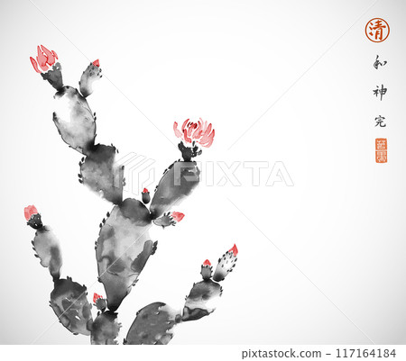 Ink wash painting of opuntia cactus with red flowers. Traditional oriental ink painting sumi-e, u-sin, go-hua. Hieroglyphs - harmony, spirit, perfection. Ink wash painting of opuntia cactus with red flowers. Traditional oriental ink painting sumi-e, u-sin, go-hua. Hieroglyphs - harmony, spirit, perfection. 117164184