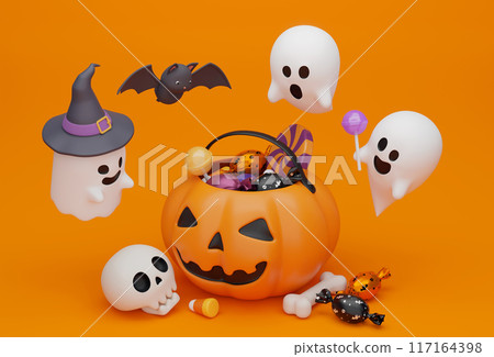 halloween jack o lantern candy basket with ghost character 3D graphic 117164398