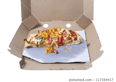 Closeup of leftover pizza in cardboard box on white background. 117164417