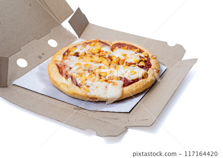 Pizza with corn and cheese in a cardboard box isolated on white background. Pizza with corn and cheese in a cardboard box isolated on white background. 117164420