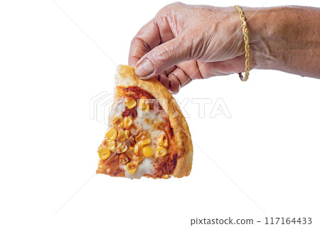 Woman's hand holding a slice of vegetarian pizza on a white background. Closeup Woman's hand holding a slice of vegetarian pizza on a white background. Closeup 117164433