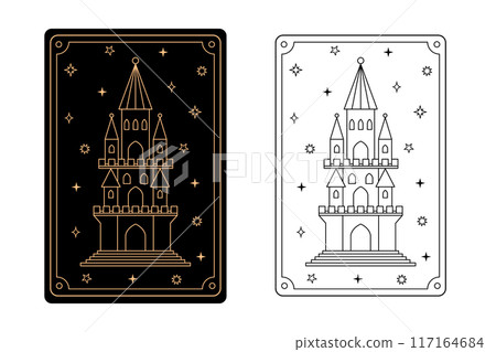 Tarot card tower. The major arcana of a deck of cards. 117164684
