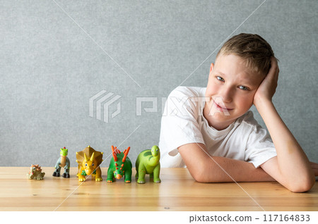 Smiling Boy with Toy Dinosaur Collection 117164833