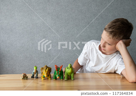 Young Boy Contemplating Toy Dinosaurs on Wooden Table Young Boy Contemplating Toy Dinosaurs on Wooden Table 117164834