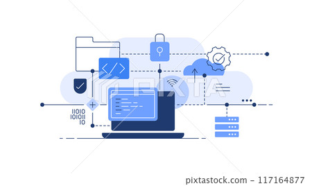 Laptop with globe,Computer and internet connection,Simple flat line art illustration 117164877