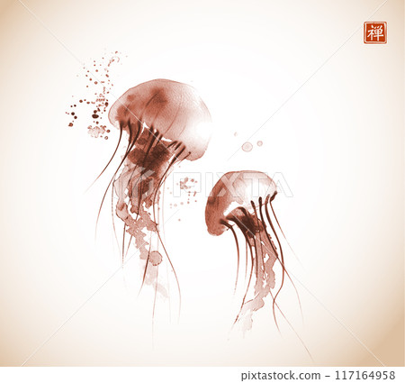 Ink painting of gracefully floating jellyfishes in vintage style. Traditional oriental ink painting sumi-e, u-sin, go-hua. Translation of hieroglyph - zen 117164958