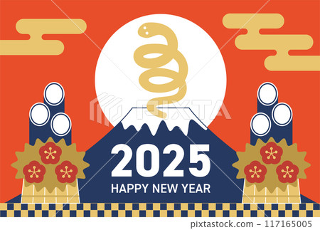 新年賀卡 2025 年蛇/十二生肖與富士山 117165005