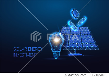 Solar investment and green finance concept with solar panel, lightbulb and coins on blue background 117165009