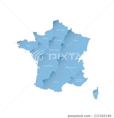 France political map of administrative divisions - regions. Shaded vector map with 3D-like blue gradient and name labels 117165140