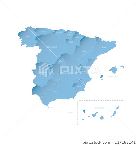 Spain political map of administrative divisions - autonomous communities and autonomous cities of Ceuta and Melilla. Shaded vector map with 3D-like blue gradient and name labels 117165141