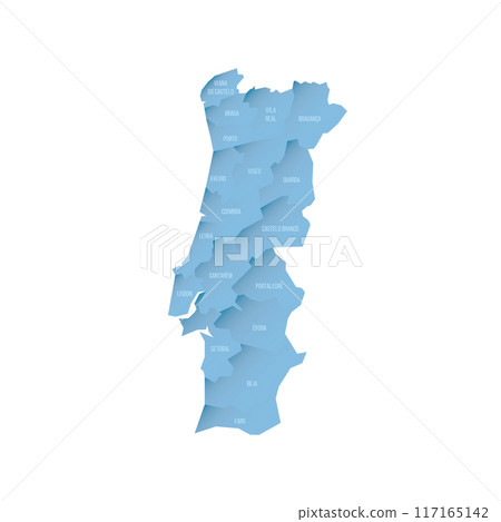 Portugal political map of administrative divisions - districts. Shaded vector map with 3D-like blue gradient and name labels Portugal political map of administrative divisions - districts. Shaded vector map with 3D-like blue gradient and name labels 117165142
