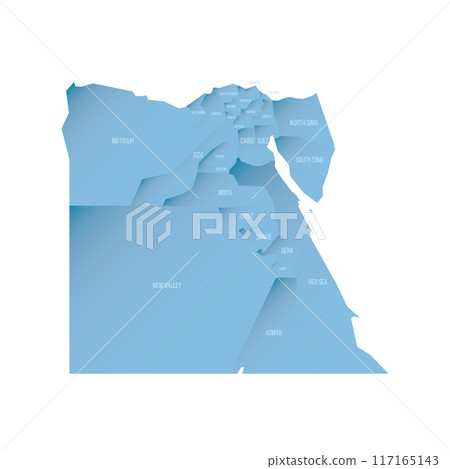 Egypt political map of administrative divisions - governorates. Shaded vector map with 3D-like blue gradient and name labels 117165143