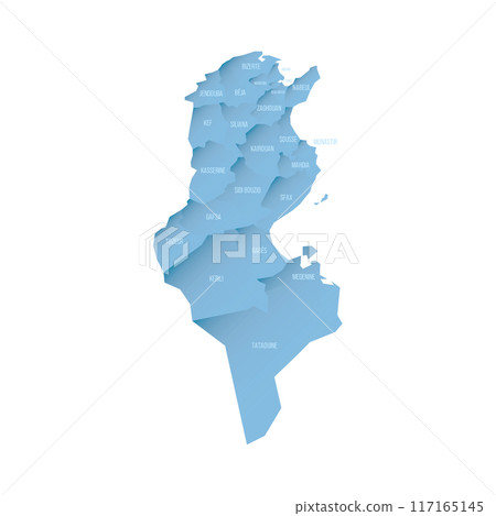 Tunisia political map of administrative divisions - governorates. Shaded vector map with 3D-like blue gradient and name labels Tunisia political map of administrative divisions - governorates. Shaded vector map with 3D-like blue gradient and name labels 117165145