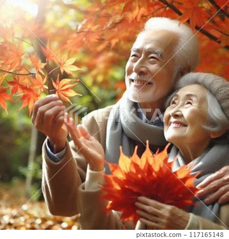 An elderly couple admiring the autumn leaves An elderly couple admiring the autumn leaves 117165148