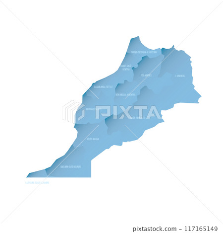 Morocco political map of administrative divisions - regions. Shaded vector map with 3D-like blue gradient and name labels Morocco political map of administrative divisions - regions. Shaded vector map with 3D-like blue gradient and name labels 117165149