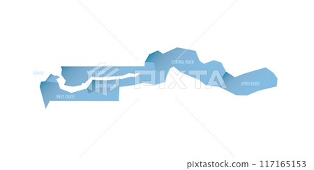 The Gambia political map of administrative divisions - regions and city of Banjul. Shaded vector map with 3D-like blue gradient and name labels 117165153