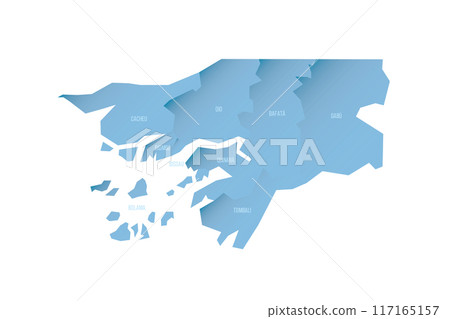 Guinea-Bissau political map of administrative divisions - regions and autonomous sector of Bissau. Shaded vector map with 3D-like blue gradient and name labels 117165157