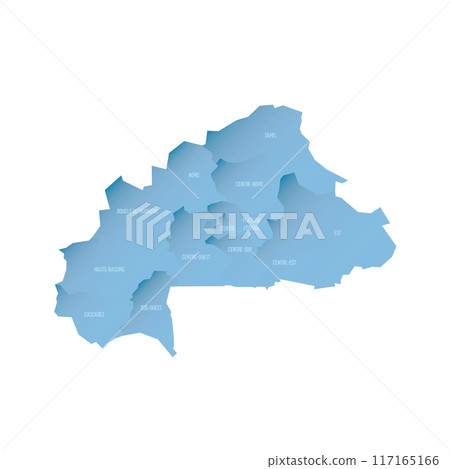 Burkina Faso political map of administrative divisions - regions. Shaded vector map with 3D-like blue gradient and name labels 117165166