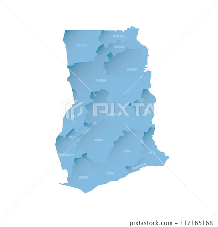 Ghana political map of administrative divisions - regions. Shaded vector map with 3D-like blue gradient and name labels 117165168