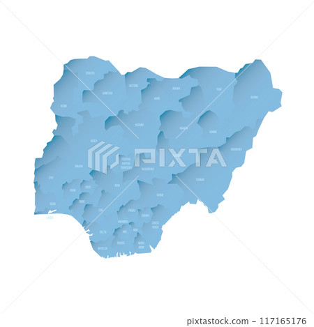 Nigeria political map of administrative divisions - states and federal capital territory. Shaded vector map with 3D-like blue gradient and name labels 117165176