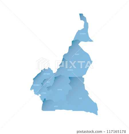 Cameroon political map of administrative divisions - regions. Shaded vector map with 3D-like blue gradient and name labels 117165178