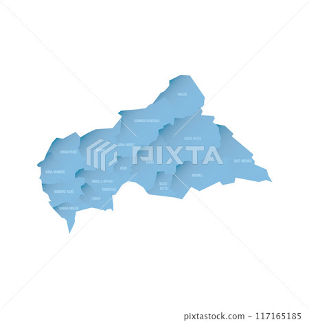 Central African Republic political map of administrative divisions - prefectures and autonomous commune Bangui. Shaded vector map with 3D-like blue gradient and name labels Central African Republic political map of administrative divisions - prefectures and autonomous commune Bangui. Shaded vector map with 3D-like blue gradient and name labels 117165185
