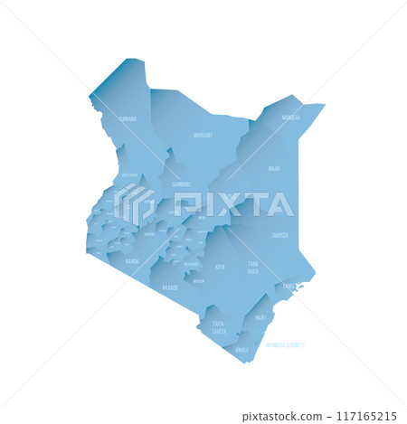 Kenya political map of administrative divisions - counties. Shaded vector map with 3D-like blue gradient and name labels 117165215
