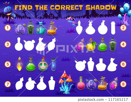 Find the correct shadow of Halloween magic potion bottles. Shadow match children game, similarity search kids quiz vector worksheet with magic potion flasks or bottles on night cemetery background Find the correct shadow of Halloween magic potion bottles. Shadow match children game, similarity search kids quiz vector worksheet with magic potion flasks or bottles on night cemetery background 117165217
