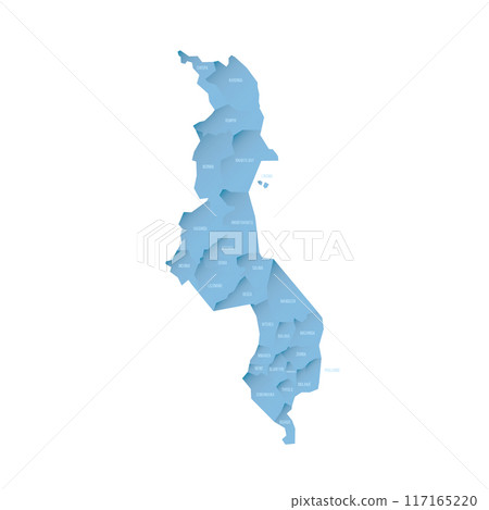 Malawi political map of administrative divisions - districts. Shaded vector map with 3D-like blue gradient and name labels 117165220