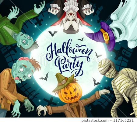 Cartoon Halloween scary characters on cemetery. Vector zombie, scarecrow, mummy, Dracula vampire and ghost in witch hat stand in circle on night sky background illuminated with full moon, bottom view Cartoon Halloween scary characters on cemetery. Vector zombie, scarecrow, mummy, Dracula vampire and ghost in witch hat stand in circle on night sky background illuminated with full moon, bottom view 117165221