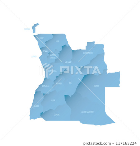 Angola political map of administrative divisions - provinces. Shaded vector map with 3D-like blue gradient and name labels 117165224