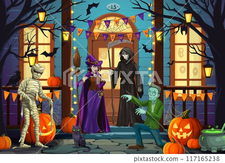 Halloween scary characters on holiday door porch for horror night holiday, cartoon vector background. Witch with broom, mummy with zombie, pumpkins and death with scythe, black cat and potion cauldron Halloween scary characters on holiday door porch for horror night holiday, cartoon vector background. Witch with broom, mummy with zombie, pumpkins and death with scythe, black cat and potion cauldron 117165238