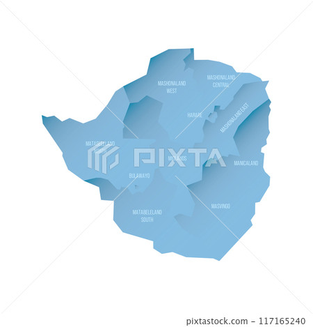 Zimbabwe political map of administrative divisions - provinces. Shaded vector map with 3D-like blue gradient and name labels Zimbabwe political map of administrative divisions - provinces. Shaded vector map with 3D-like blue gradient and name labels 117165240