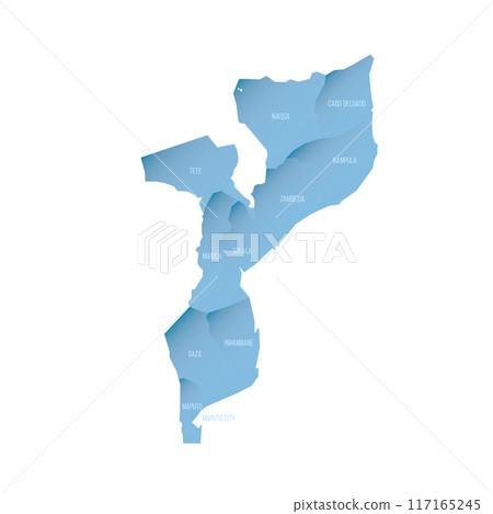 Mozambique political map of administrative divisions - provinces and capital city of Maputo. Shaded vector map with 3D-like blue gradient and name labels 117165245