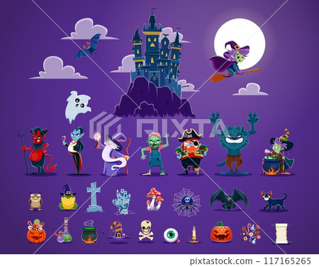 Halloween characters, cute cartoon monsters and spooky castle. Vector scary witch, ghosts, pumpkin, mummy and dracula vampire, Halloween horror zombie, devil, wizard, pirate and werewolf personages Halloween characters, cute cartoon monsters and spooky castle. Vector scary witch, ghosts, pumpkin, mummy and dracula vampire, Halloween horror zombie, devil, wizard, pirate and werewolf personages 117165265