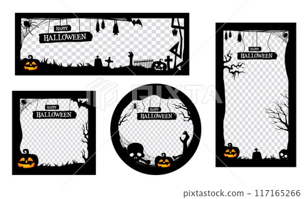 Halloween social media post frame templates for holiday horror night, vector cartoon monsters. Halloween spooky pumpkin lanterns, scary ghosts and skeleton skull on cemetery for social media frames 117165266