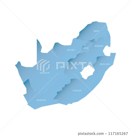South Africa political map of administrative divisions - provinces. Shaded vector map with 3D-like blue gradient and name labels 117165267