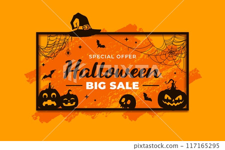 Halloween grunge sale banner with vector silhouettes of horror pumpkins, bats, witch hat and skull in black frame with spider and cobweb. Halloween holiday special offer, trick or treat season sale Halloween grunge sale banner with vector silhouettes of horror pumpkins, bats, witch hat and skull in black frame with spider and cobweb. Halloween holiday special offer, trick or treat season sale 117165295