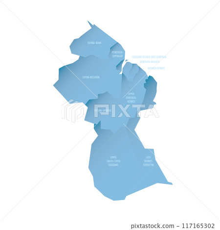 Guyana political map of administrative divisions - regions. Shaded vector map with 3D-like blue gradient and name labels 117165302