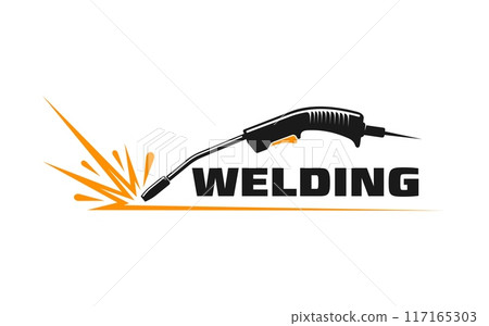 Weld icon, Welder tool with sparks. Isolated vector emblem with stylized welding torch in action, emitting a bright, dynamic spray of sparks, symbolizing the process of industrial metal work service 117165303