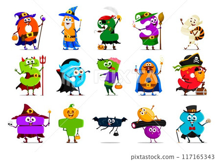 Cartoon Halloween numbers and digits characters in holiday costumes. Vector personages of horror monsters numbers, scary witch, zombie and vampire, pumpkin, bat, mummy and devil, candy, wizard digits Cartoon Halloween numbers and digits characters in holiday costumes. Vector personages of horror monsters numbers, scary witch, zombie and vampire, pumpkin, bat, mummy and devil, candy, wizard digits 117165343