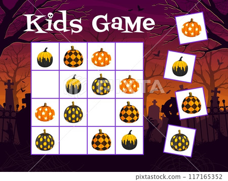 Halloween sudoku game with patterned holiday pumpkins. Puzzle blocks vector worksheet of Halloween trick or treat decorative pumpkins on midnight cemetery vector background frame with zombies, bats 117165352